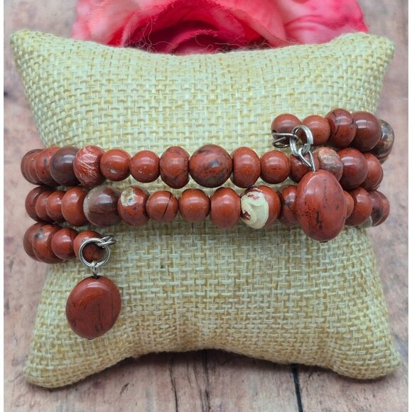 Artisan 2 Piece Set Red Jasper Natural Stone Pendant Necklace & Wrap Bracelet - Picture 9 of 11
